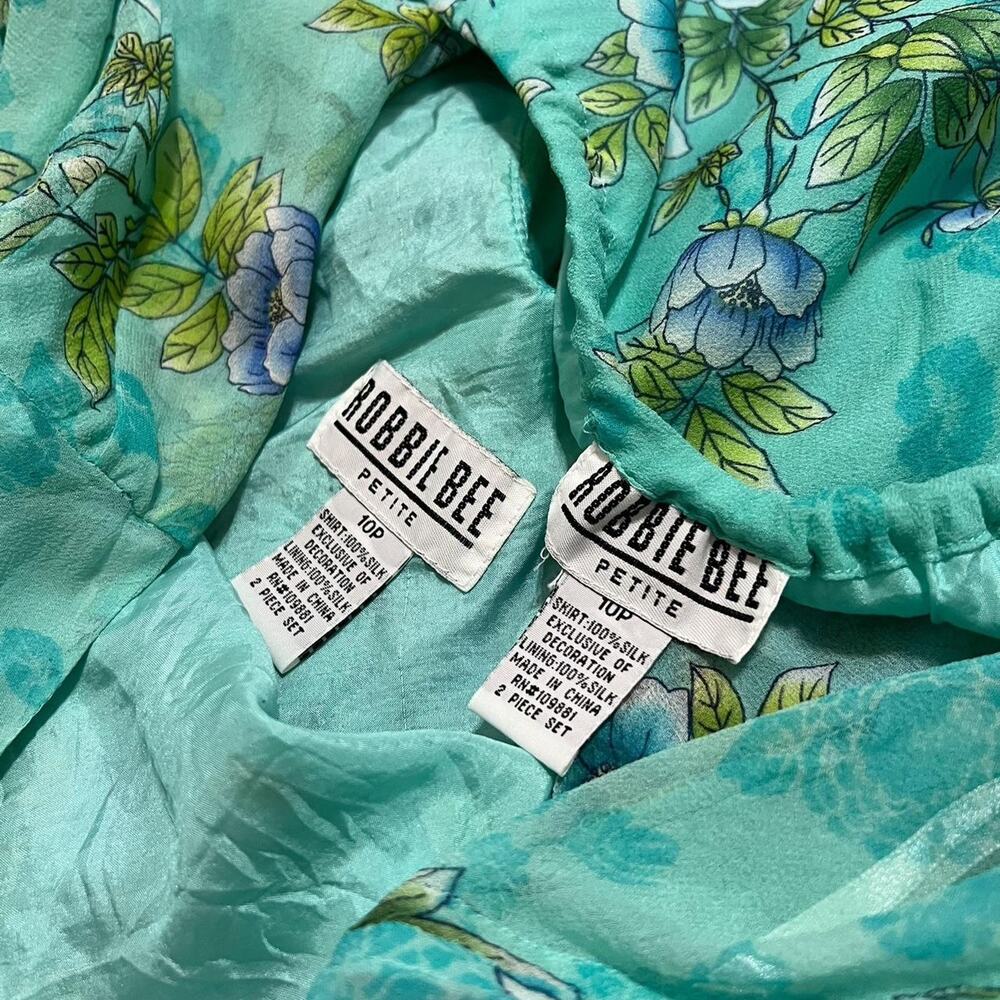 VTG 90s Robbie Bee Aqua Blue Floral Silk Cowled Back Top & Ruffle Skirt Set 10 - Picture 8 of 8